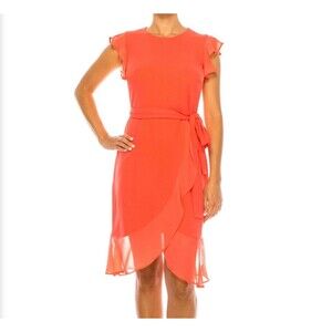SHELBY & PALMER FAUX WRAP RUFFLE SHEATH DRESS Size 16 Coral New With Tags